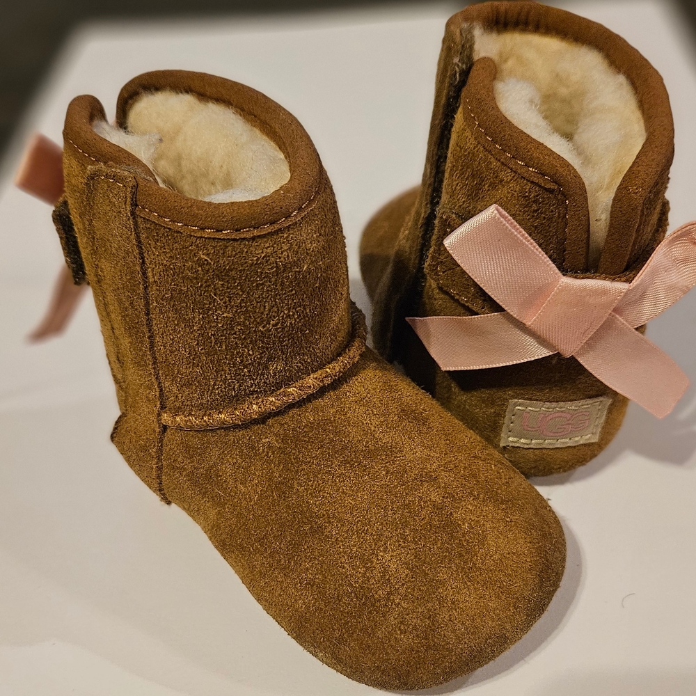 UGG Brown Kids Slippers with Pink Ribbon